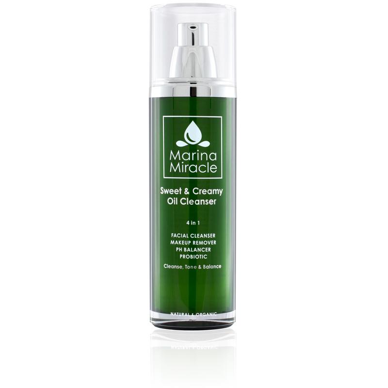 Marina Miracle Sweet & Creamy Oil Cleanser in a green air less bottle with pump